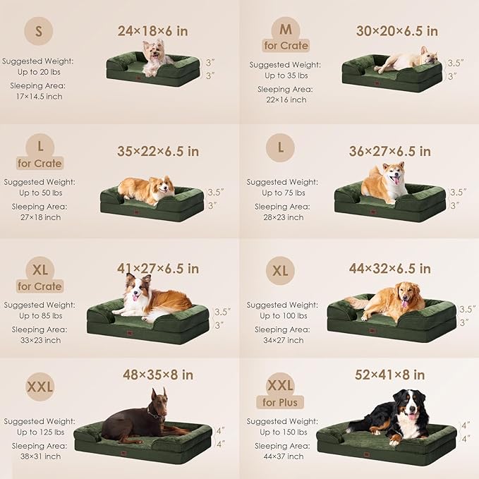 EHEYCIGA Orthopedic Dog Beds for Large Dogs, Waterproof Memory Foam Large Pet Bed with Sides, Non-Slip Bottom and Egg-Crate Foam Dog Couch Bed with Washable Removable Cover, Dark Green-PawvioPets