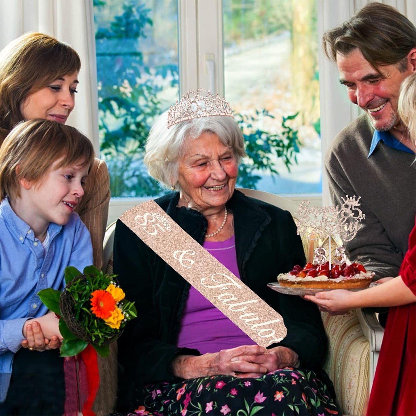 85th Birthday Party Decorations Including Sash, Crown, Numeral Candles and Cake Topper, Rose Gold 85th Birthday Decorations for Women