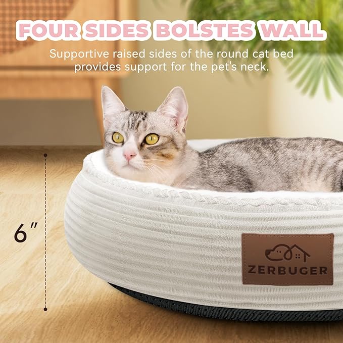 20in Cream Round Cat Dog Bed Gift for Large Medium Small Dogs Cats, Machine Washable Sleeping Sofa, Non-Slip Bottom Breathable Soft Calming Pet Cuddler for Indoor/Outdoor/Car/Cage-PawvioPets
