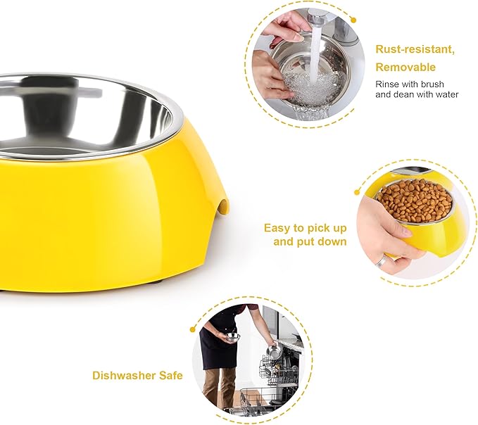 Elevated Dog Bowls Set - Non-Slip Raised Pet Feeder with Medium (2 Cups) & Large (4 Cups) Stainless Steel Bowls - Includes Durable Resin Stand for Puppies, Adult Dogs & Cats - Yellow-PawvioPets
