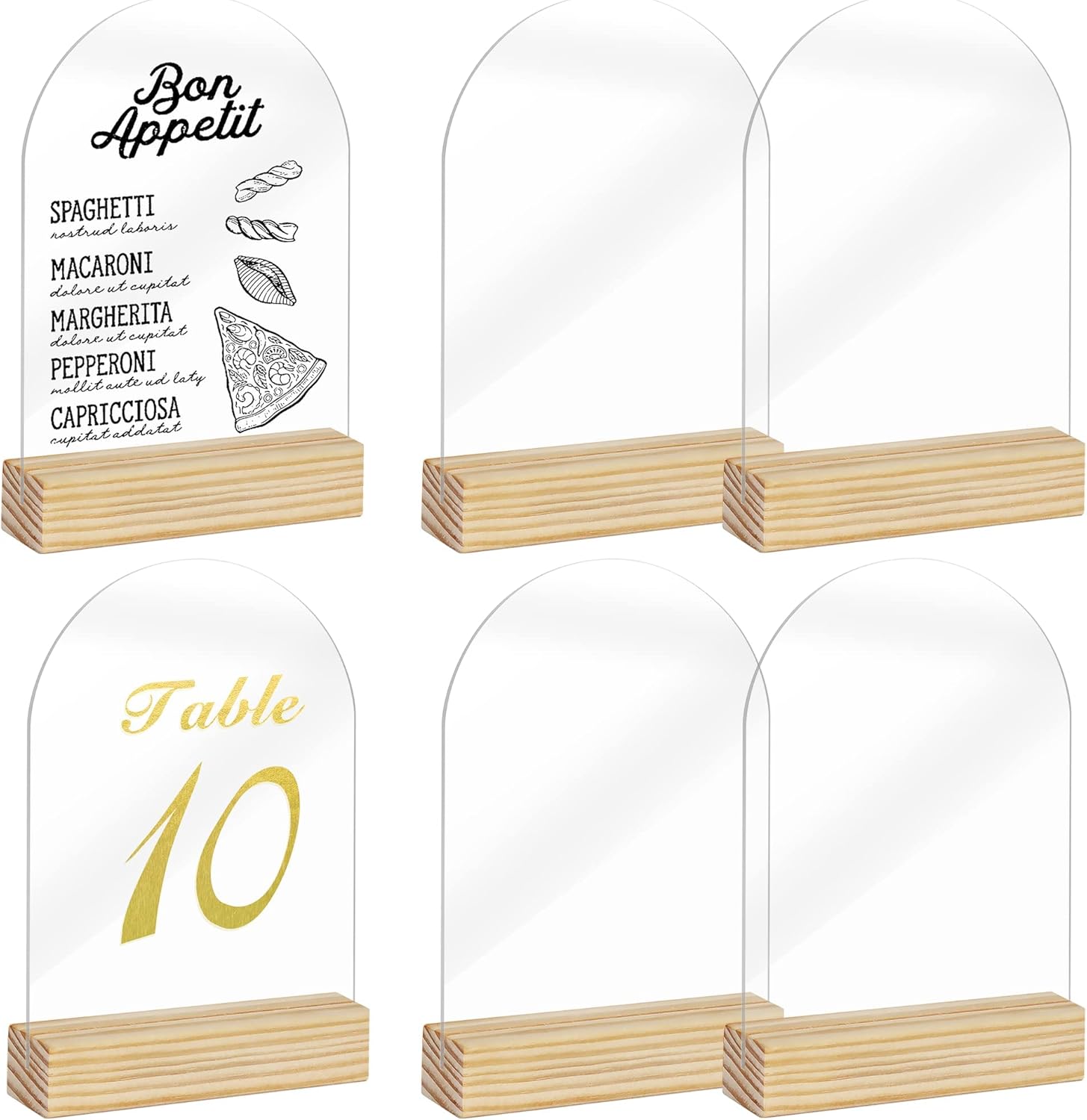 Clear Acrylic Sign with Wooden Stand Table Numbers DIY, 10 Pack Acrylic Sheets Table Signs for Wedding, 4x6 Inch Arch Signs Blank for Restaurant Party Bridal Shower (No printing included)