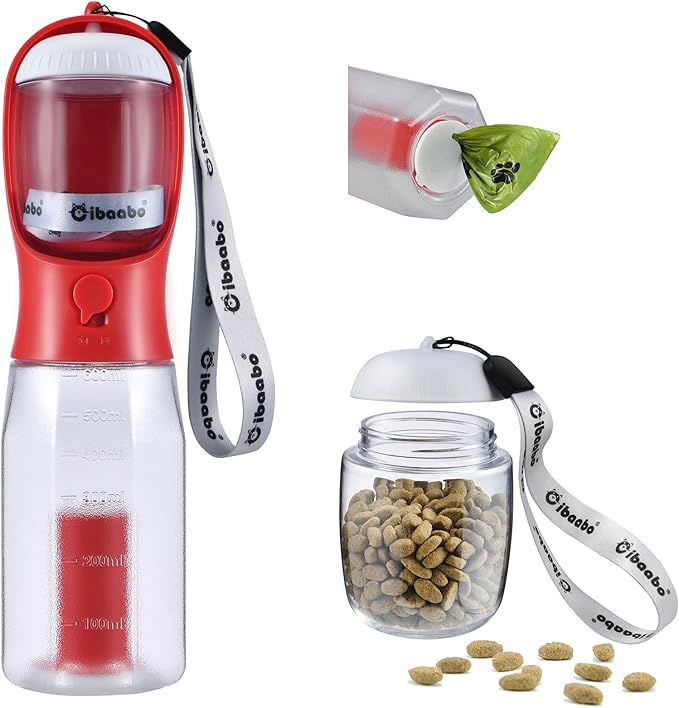 Dog Water Bottle with Food Container & Poop Bag Holder, Travel Water Bowl, Portable Pet Dispenser, Dog Stuff Accessories Items, Puppy Essentials Necessities for Yorkie Chihuahua Walking Hiking-PawvioPets