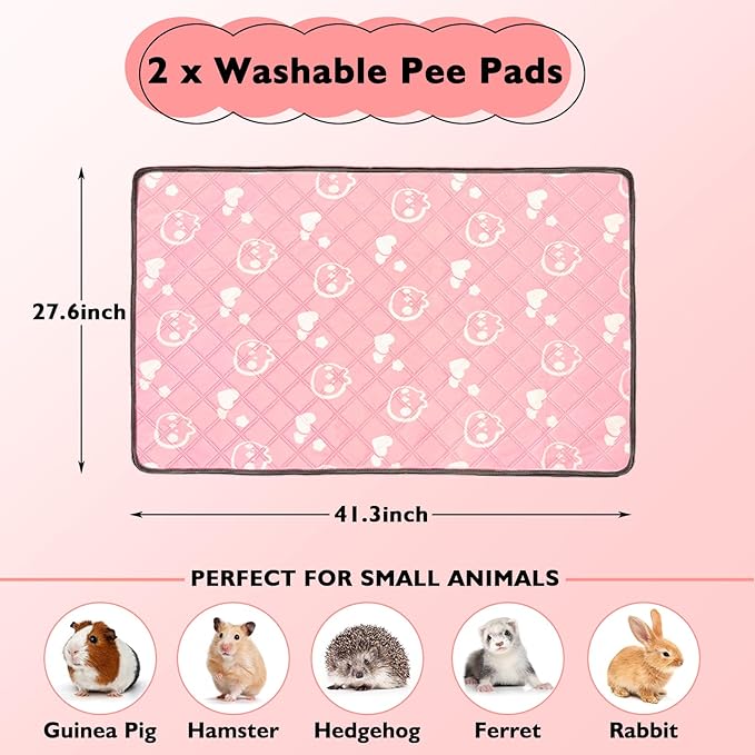 2 Pack Guinea Pig Bedding - Washable Guinea Pig Cage Liners, Waterproof Reusable & Anti Slip Pee Pads Super Absorbent Mats for Small Animals Pet Rabbit Bunny Hamster Rat (Pink, 42 x 28 Inch)-PawvioPets