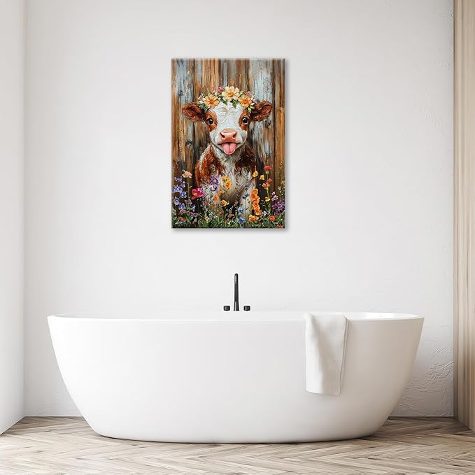 Funny Cow Bathroom Pictures Wall Art, Rustic Brown Cute Cow Bathroom Wall Decor, Farmhouse Floral Framed Painting Animal Flower Canvas Artwork for Bedroom Living Room Decorations 24"L x 16"W-PawvioPets