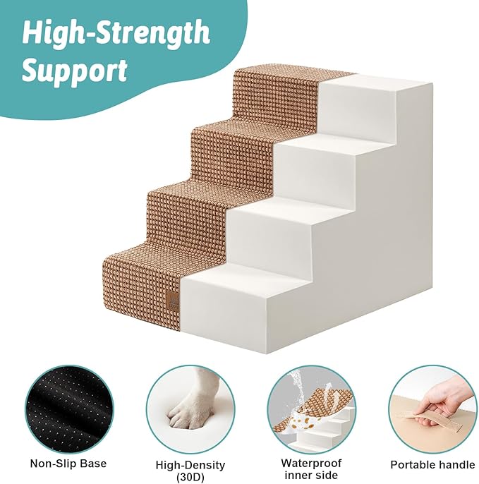 Dog Stairs for Small Dogs, 4 Tier Wider Pet Stairs for Couch and Beds, 17.7" H Non-Slip Dog Steps for Old Cats, Puppy, Small Medium Dogs, 17.7x23.6x17.7 inch, Light Brown-PawvioPets