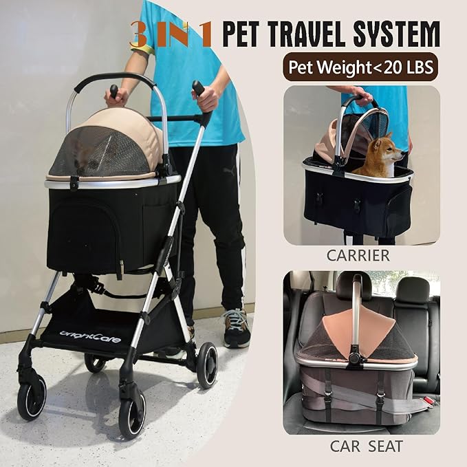 3-in-1 Small Pet Carrier with Stroller for Small Dogs & Cats Under 20 lb – Removable Carrier Converts to Car Seat – Lightweight, One-Hand Fold, No-Zipper Entry-PawvioPets