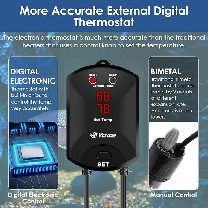 Aquarium Heater 200W Fish Tank Heater with External Thermostat (Dual Digital Display), Turtle Heater for Tanks 20-40 Gallons, Dry-Run/Overheating Protection and Memory Function-PawvioPets