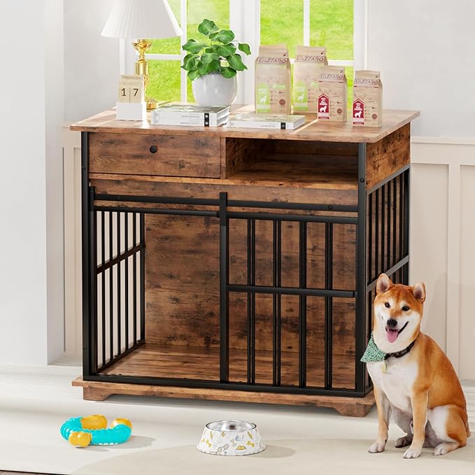 35.5" Dog Crate Furniture, Wooden Dog Crate Furniture for Medium Small Dogs, Wooden Dog Kennel End Table with Drawer and Open Shelves, Sliding Door Dog Kennel Furniture-PawvioPets
