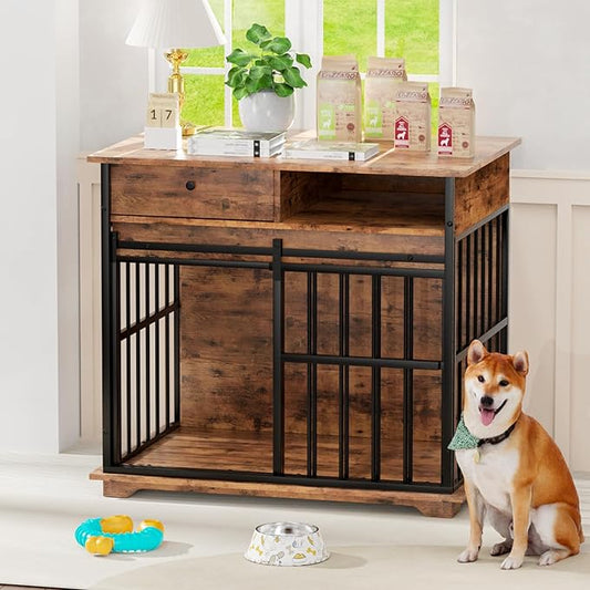 35.5" Dog Crate Furniture, Wooden Dog Crate Furniture for Medium Small Dogs, Wooden Dog Kennel End Table with Drawer and Open Shelves, Sliding Door Dog Kennel Furniture-PawvioPets