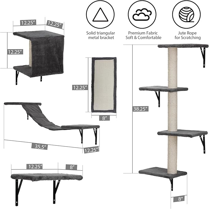 COZIWOW Wall Mounted Cat Furniture, Cat Wall Shelves and Perches, Floating Cat Shelves for Wall Set of 5 (Grey)-PawvioPets