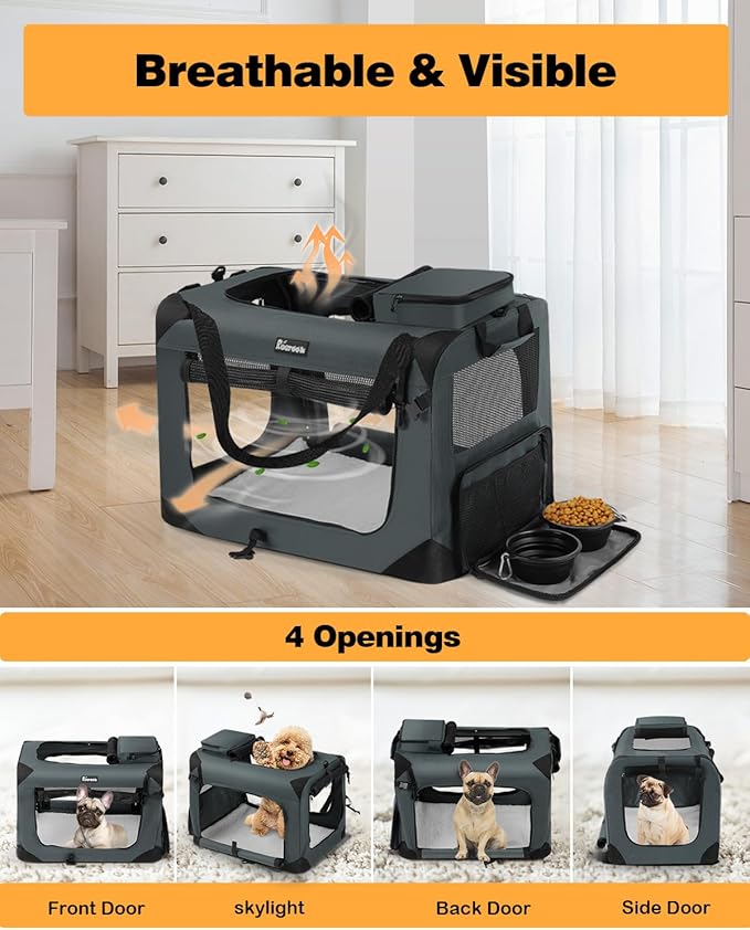 Extra Large Dog Crate with 2 Foldable Bowl, 40 Inch Collapsible Travel Dog Crate Kennel with Soft Blanket for Medium Dogs,Indoor & Outdoor (40" L x 27" W x 27" H, Grey)-PawvioPets