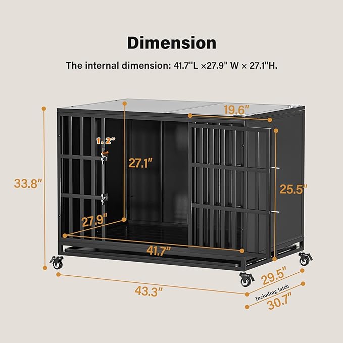 42 inch Heavy Duty Dog Crate with Self-Locking Latch, Indestructible Steel Large Kennel with Enclosed Design, Chew-Proof and Escape-Proof Pet Cage for High Anxiety Dogs-PawvioPets
