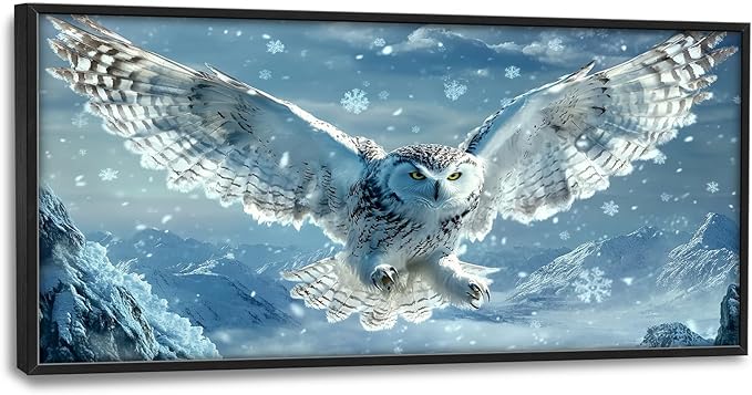 Framed Large Snowy Owl Wall Art for Living Room, Oversized Snowy Mountain Wall Decor Landscape Canvas Painting Modern Artwork Home Decoration for Living Room Bedroom Office 60"x30"-PawvioPets
