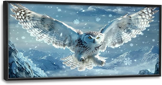 Framed Large Snowy Owl Wall Art for Living Room, Oversized Snowy Mountain Wall Decor Landscape Canvas Painting Modern Artwork Home Decoration for Living Room Bedroom Office 60"x30"-PawvioPets