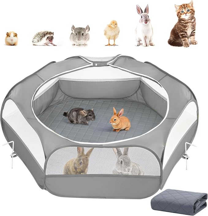 2-in-1 Small Animals Playpen with Pad, Waterproof Small Pet Cage Tent with Reusable Pad, Portable Outdoor Yard Fence with 3 Metal Rod for Chick/Kitten/Puppy/Guinea Pig/Rabbits/Chinchillas, Gray-PawvioPets