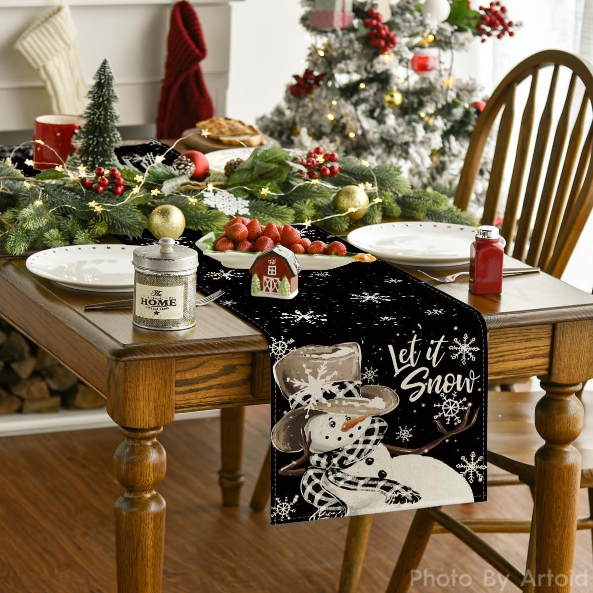 Artoid Mode Black Snowman Snowflake Let it Snow Winter Table Runner, Christmas Kitchen Dining Table Decoration for Home Party Decor 13x60 Inch