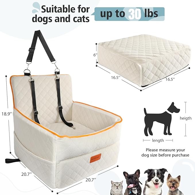 Dog Car Seat for Small Medium Dogs, Memory Foam Dog Booster Seats with Thick Cushion for Dogs Under 35lbs, Detachable Washable Pet Car Seat Travel Bed with Storage Pockets,2 Safety Belt-PawvioPets