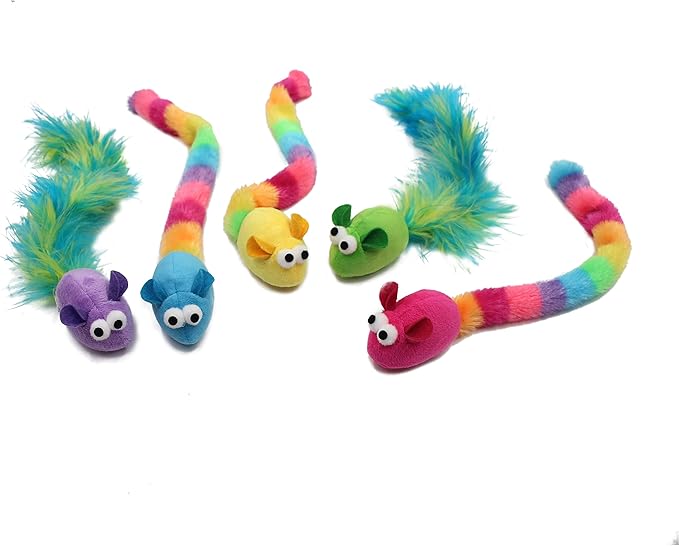 5 Pack Interactive Catnip and Feather Cat Toys, Multi-Colored Mice with Long Feather Tail, Accessories for Indoor Cat, Catnip Plush Toys with Natural Feathers and Rattles-PawvioPets