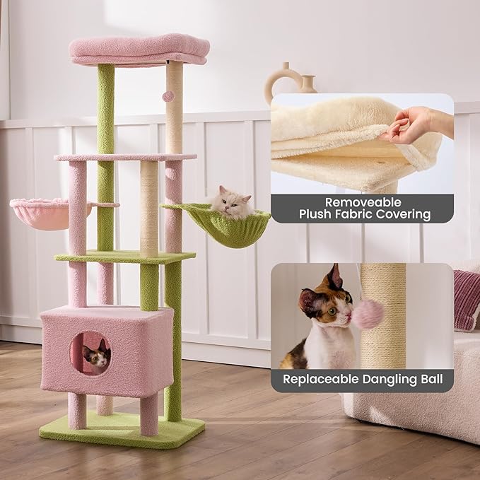 Gardner Pet 65in Heavy Duty Cat Tree Tower for Large Cats, Multi-Level Cat Furniture with Replaceable Sisal Scratching Post, Hammock | Extra-Large Platform & Condo (Pink&Green, Basic φ:2.84")-PawvioPets