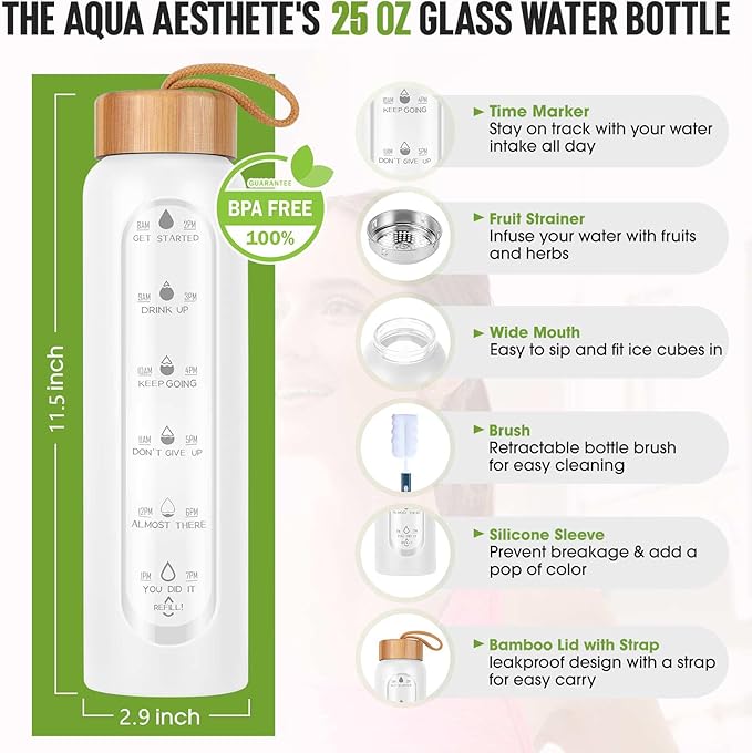 Aqulea Glass Water Bottles 25 Oz with Silicone Sleeve - BPA Free Reusable Wide Mouth Glass Motivational Water Bottles with Fruit Infuser – Leak Proof Borosilicate Water Bottle with Time Marker (White)-PawvioPets