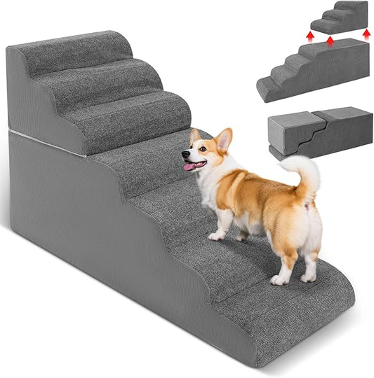 7-Step Dog Stairs for High Bed - 29.5" Adjustable Dog Ramps for Couch, Non-Slip Sturdy Pet Steps for Small Dogs, Washable Cover, Removable Modular Design, Dual 11.8” & 17.7” Steps for Custom Height-PawvioPets