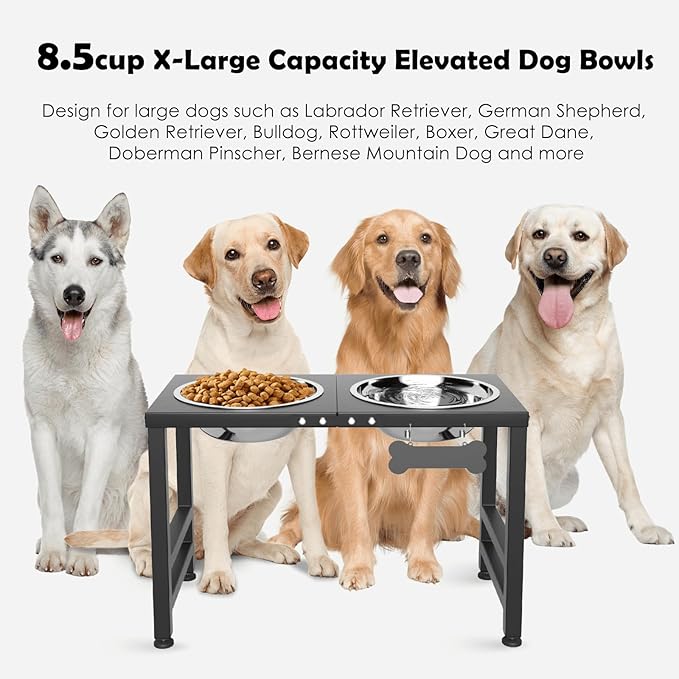 Elevated Dog Bowls,16inch Tall Pet Bowl Holder, Raised Bowl Stand with 2 Stainless Steel Bowls (68oz) and Spill-Proof Mat, Dog Feeder for Large Extra Large Breeds-PawvioPets