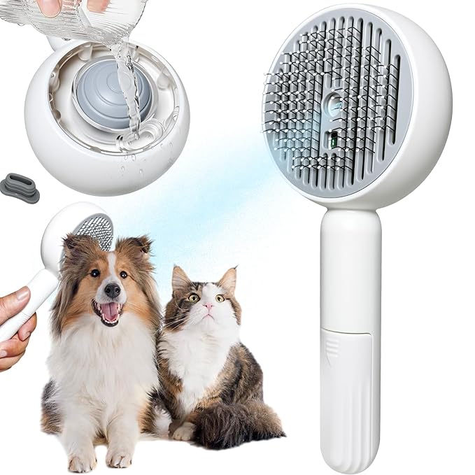 3-in-1 Steam Brush for Cats & Dogs – Hair Removal Comb with One-Click Release & Water Spray – Grooming Brush for Shedding, Long/Short Hair (white brushs-grey)-PawvioPets