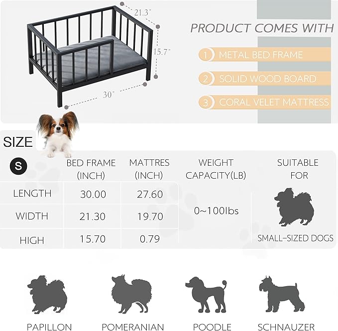Dog Bed with Rails - Elevated Pet Metal Bed Frame with Solid Wood Board and Washable Soft Mat for Small Dog Indoor or Outdoor Use, 21.3" x 30", Black-PawvioPets