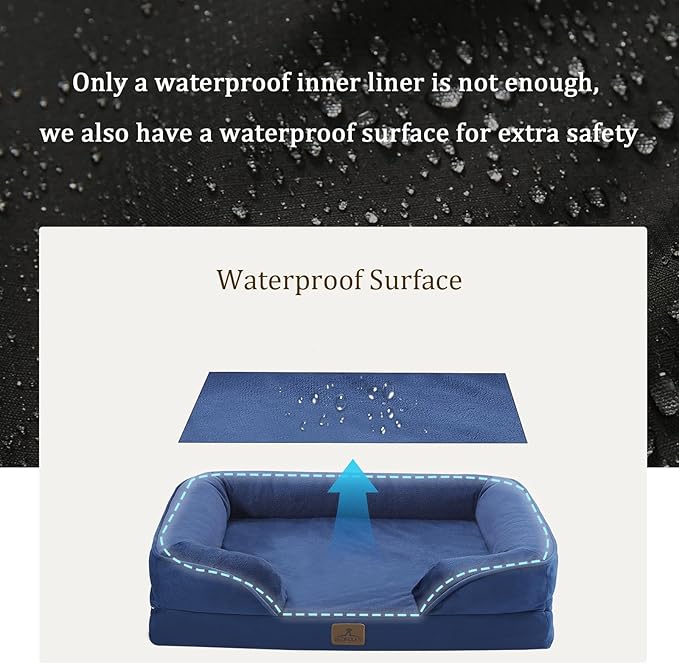 Bedfolks Orthopedic Dog Bed, Big Waterproof Dog Sofa Bed for Large Dogs, Egg Foam Pet Couch Bed with Removable Washable Cover and Nonslip Bottom, Navy Blue-PawvioPets