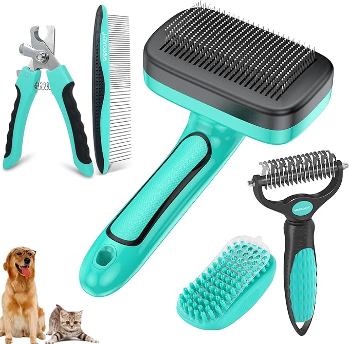 Dog Brush Kit for Grooming Short & Long Haired Dogs & Cats, 5 in 1 Pet Grooming Set for Small Animals, 5 PCS Puppy Self-Cleaning Slicker Brush and Pet Comb for Shedding Medium & Large Dogs-PawvioPets