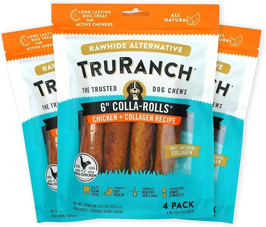 Collagen Rolls - 6" Collagen Rolls for Dogs - Long Lasting Healthy Joint Support - Rawhide Alternative - Skin & Coat Health - Made with Real Chicken, Value Pack, 3 Bags, 12 Count-PawvioPets