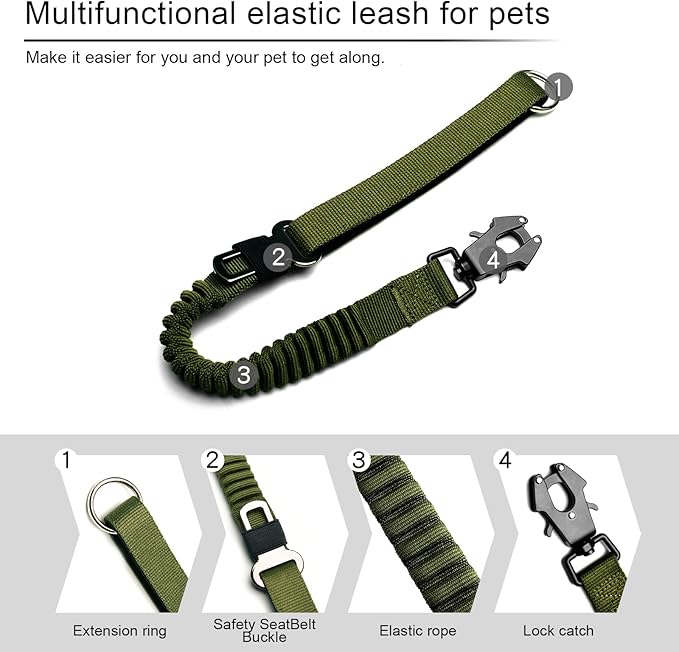 20” Strong Short Leash for Dog, Heavy Duty Bungee Dogs Leash with Padded Handle Car Seatbelt, Dog Training Leashs for Large or Medium Dogs - Can be Used with Other leashes (Army Green)-PawvioPets