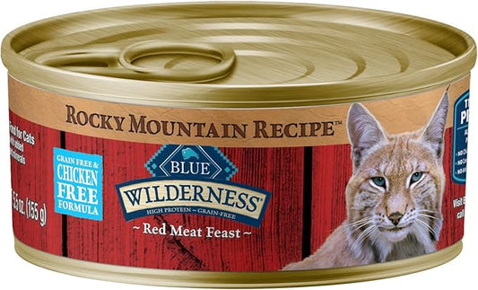 Blue Buffalo Wilderness Rocky Mountain Recipe Adult Wet Cat Food Paté, Chicken-Free & Grain-Free Recipe, Made with Natural Ingredients, Red Meat Feast, 5.5-oz. Cans (24 Count)-PawvioPets