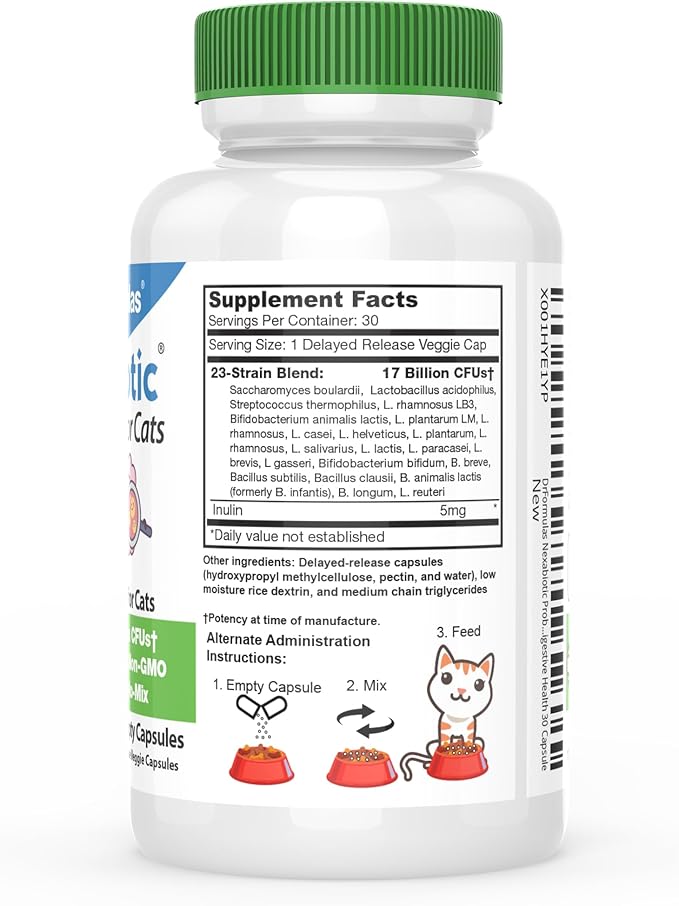DrFormulas Nexabiotic Probiotics for Cats Powder | Treats Diarrhea for Pets with Saccharomyces Boulardii Lactobacillus Acidophilus, Best Probiotics Supplement for Digestive Health 30 Capsule-PawvioPets