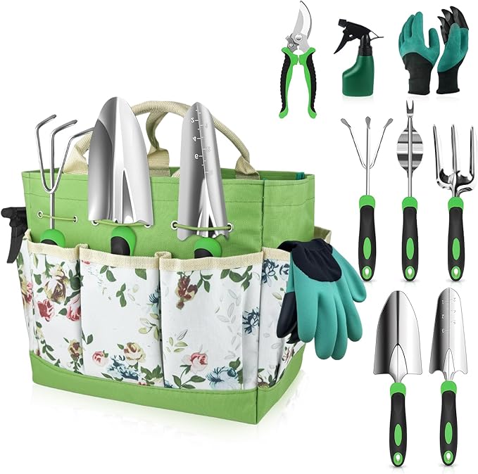 Garden Tools Set, 8 in 1 Heavy Duty Garden Tools Kit, Stainless Steel Ergonomic Gardening Hand Tool with Upgraded Bag, Gardening Supplies Gift for Women, Kid, Organizer-PawvioPets