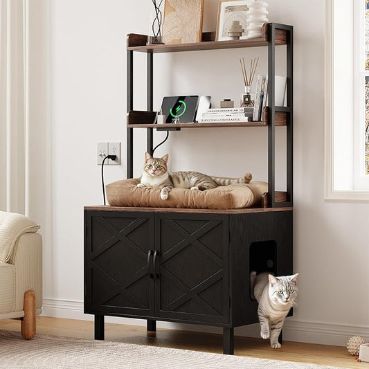 55 Inches Cat Litter Box Enclosure, Hidden Litter Box Furniture with 2 Storage Shelves and Charging Sockets, Wooden Cat House, Large Indoor Cabinet for Living Room & Entryway, Black-PawvioPets