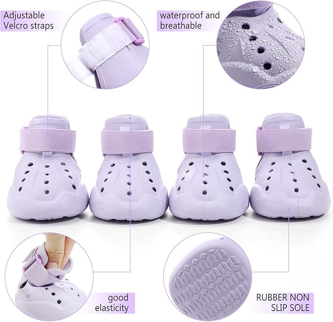 Dog Shoes, Dog Sandals for Hot Pavement, Non-Slip Waterproof Dog Booties for Winter Snowy Day and Summer, Adjustable Straps Easy-Clean Beach Outdoor Pet Boots Rugged Sole-4Pcs Purple-PawvioPets