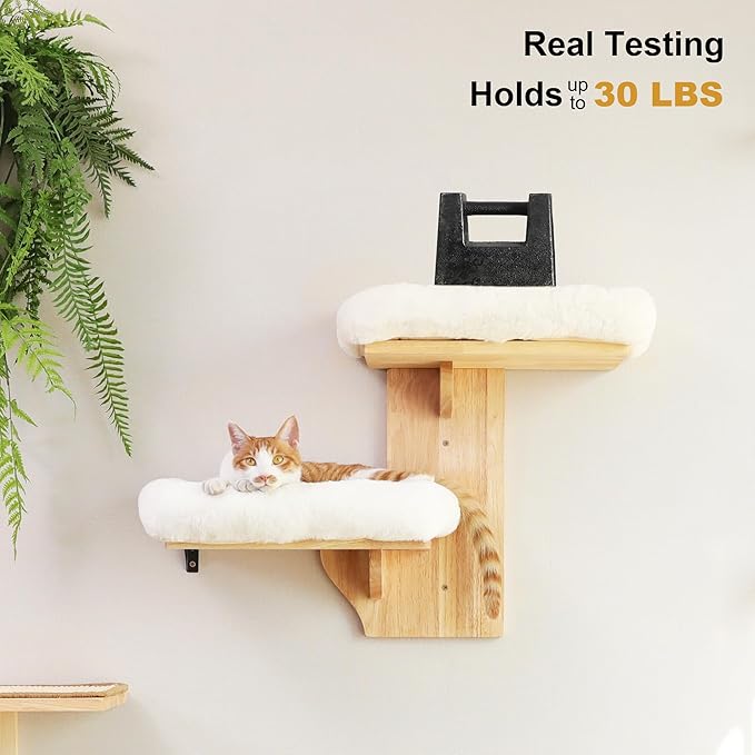 FUKUMARU Cat Wall Shelves, 2 Platform Cats Walls Furniture, Tree Shape Kitten Floating Shelf with Soft Cushion Perch, Solid Rubber Wood for 16 Inch Drywall, Suitable for Climb, Play, Nap-PawvioPets