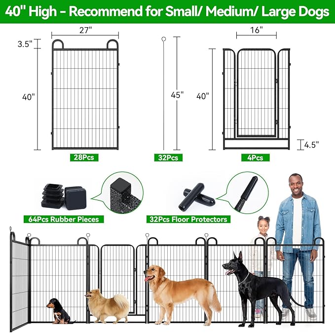 Dog Playpen Outdoor 32 Panels Heavy Duty Dog Fence 40" Height Anti-Rust with Doors Portable for RV Camping Yard, Total 71FT, 406 Sq.ft, Snowy Black-PawvioPets
