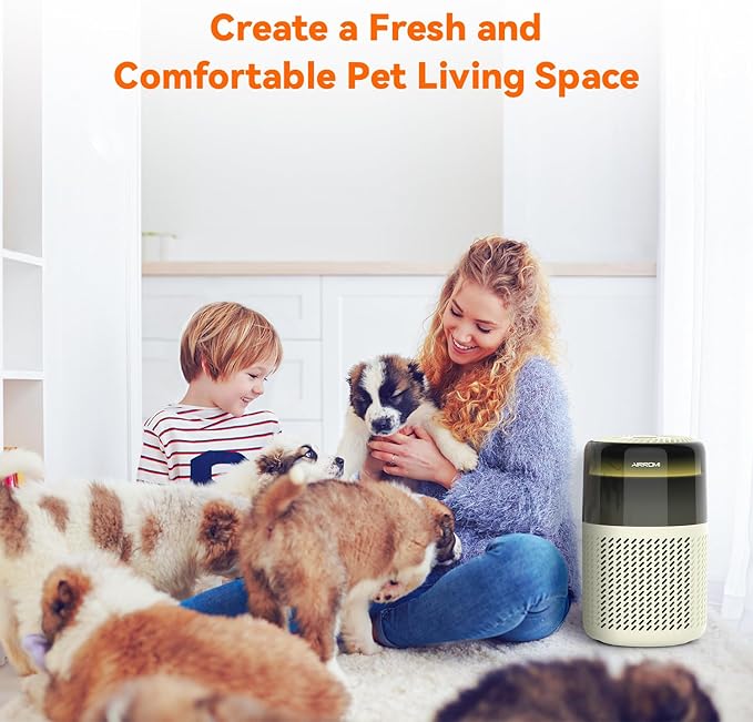 AIRROMI Air Purifier for Bedroom Home,HEPA Filter,Covers Upto 549 Ft²,Quiet 360°intake Air Cleaner with Fragrance ponge for Better Sleep,Night Light,Filters Smoke,Pet Dander,Allergies,Dust,A2005Yellow-PawvioPets
