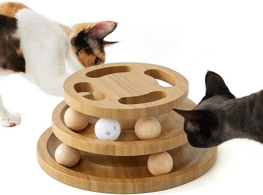 Cat Ball Track Toy with Puzzle Top, Wooden Cat Toys for Indoor Cats with Spinning Balls, Interactive Large Cat Ball Tower for Kitten Exercise Mental Physical-PawvioPets