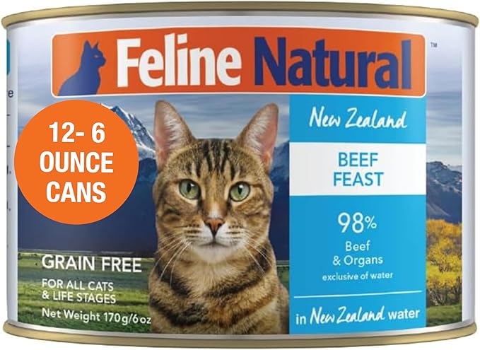 Feline Natural New Zealand Canned Catfood Wet Food, High-Meat, Low-Carb, & Grain Free Cat Food Wet, Beef Feast, 6 oz, Pack of 12-PawvioPets