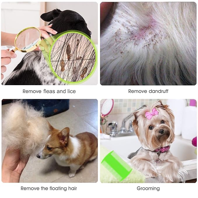 Flea and Lice Comb for Cats and Dogs - 2-in-1 Metal Round Smooth Teeth Pet Grooming Comb - Tear Stain and Mucus Crust Remover - Removes Floating Hair, Tangles, Dander (Green)-PawvioPets