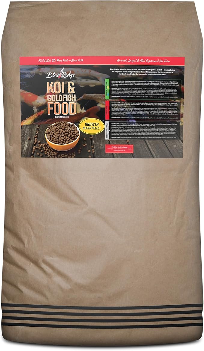 Blue Ridge Koi Fish Food 50lb - Koi Food 3/16” Large and Mini Blend Growth Formula, Goldfish Food, Premium Fish Food for Ponds, Ponds Fish Food, Floating Pond Pellets-PawvioPets