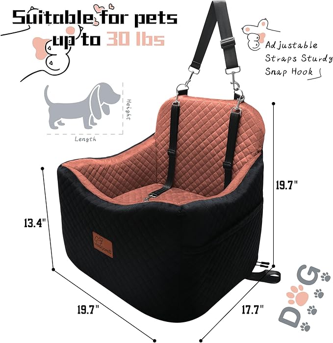Dog Car Seat for Small/Medium Dogs,Pet Booster Seat with Harness,Memory Foam and Velvet,Safety Comfy Car Travel Pets Carrier,Interior Elevate,Washable and Detachable,Storage Pocket.(H-Black/Brown)-PawvioPets