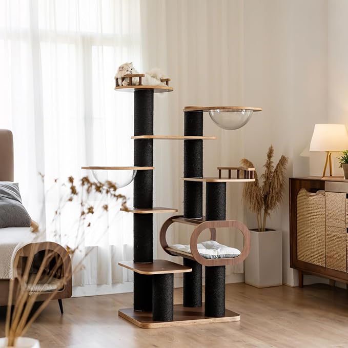 70.8'' Tall Luxury Cat Tree,All i,ne One Black Walnut Wood Modern Cat Tower for Indoor Large,Huge Multi-Level Cat Furniture with Scratching Posts,Condo,Cushion,Clear Bowl,Platform for Home Decoration-PawvioPets
