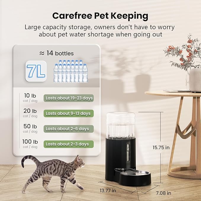 CZPET Automatic 7L Dog and Cat Water Dispenser with Stainless Steel Bowl Gravity Waterer,100% BPA-Free,Large Capacity and Drinking Area Noise-Free for Pets(7L Water Dispenser, Black)-PawvioPets