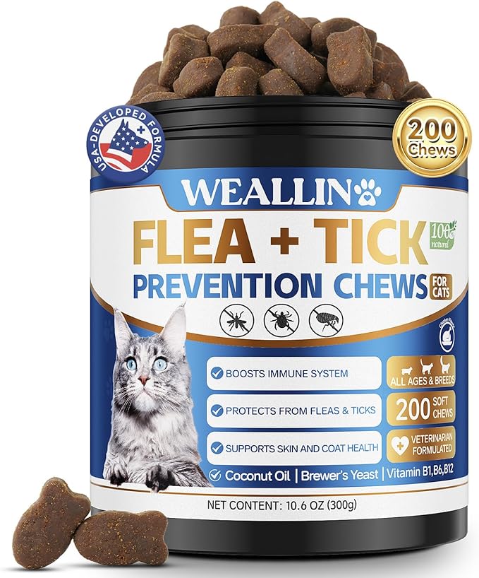 Flea and Tick Prevention for Cats, 200 Soft Chews for Fleas Treatment for Cats, Natural Cat Oral Flea Chewables Support Supplement, Flea and Tick Chews for All Breeds & Sizes-PawvioPets