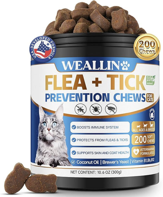 Flea and Tick Prevention for Cats, 200 Soft Chews for Fleas Treatment for Cats, Natural Cat Oral Flea Chewables Support Supplement, Flea and Tick Chews for All Breeds & Sizes-PawvioPets
