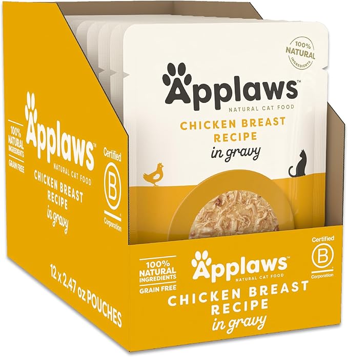 Applaws Natural Wet Cat Food in Gravy, Limited Ingredient Wet Cat Food Pouches, No Additives, Made with Natural Ingredients, Chicken Breast in Gravy (12 x 2.47oz Pouches)-PawvioPets